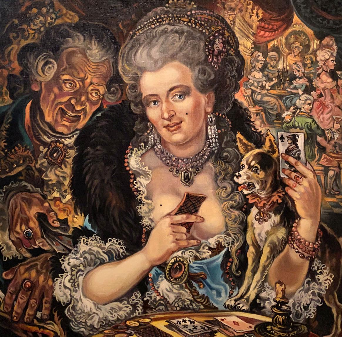 Oil painting of Marquise by Alexander Arkadievich Litvinov holding cards