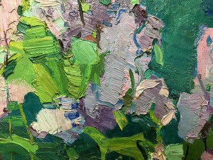 Oil painting Lilac in the Garden by Vasily Chegodar with bold green purple pink impasto brushstrokes