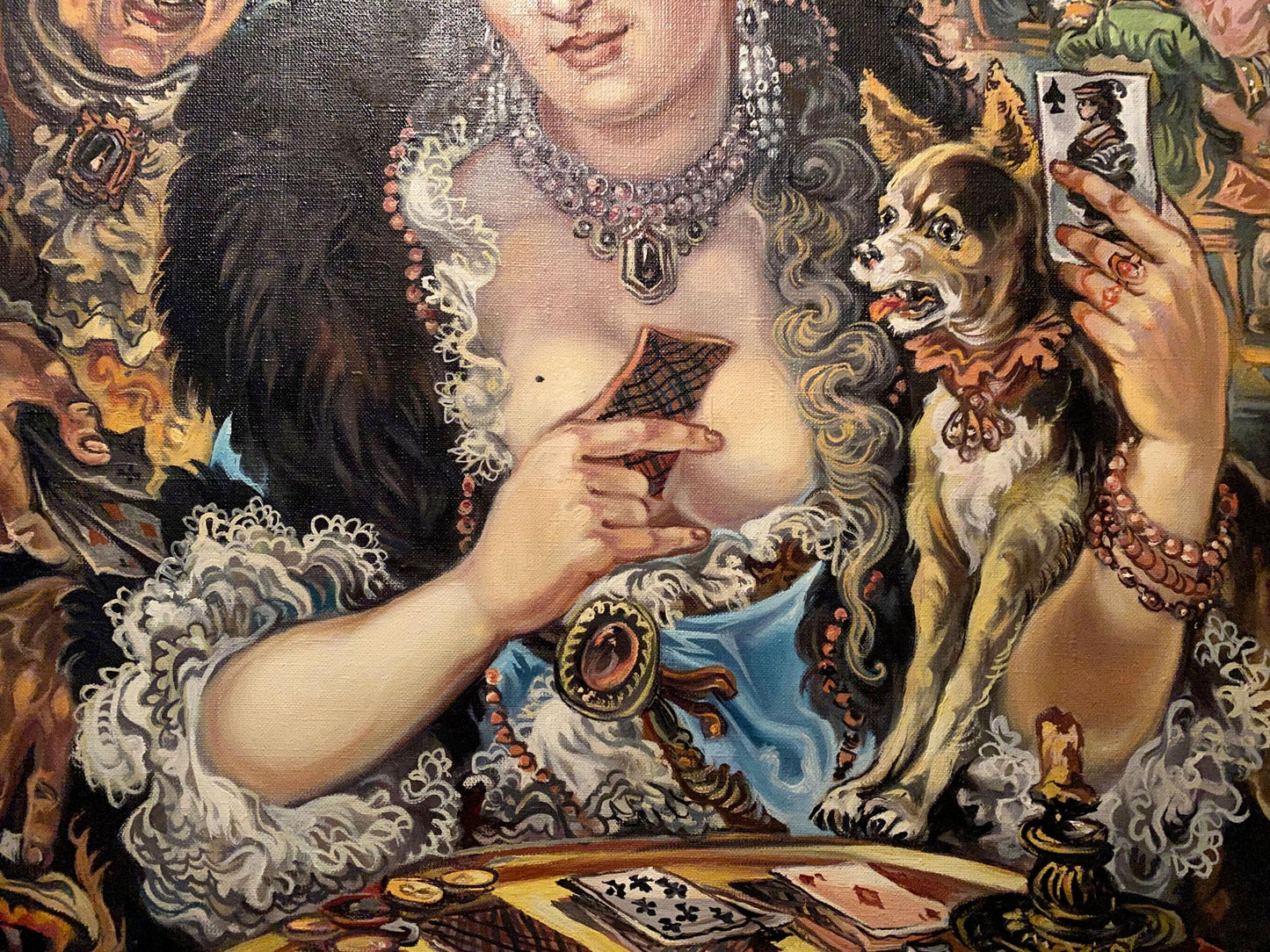 Oil painting of Marquise by Alexander Arkadievich Litvinov holding cards