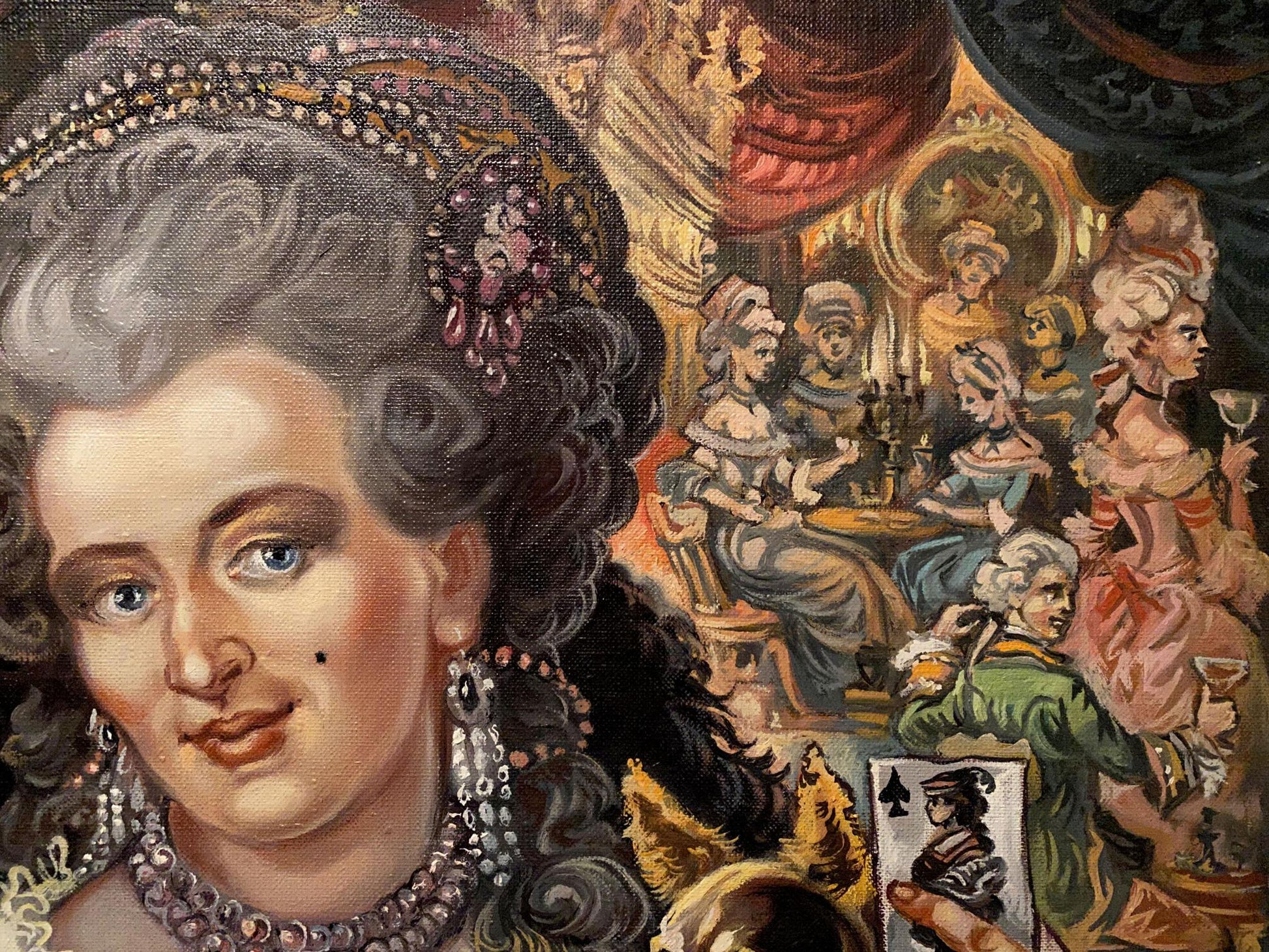 Oil painting Marquise by Alexander Arkadievich Litvinov with dark curls and silver pearl jewelry