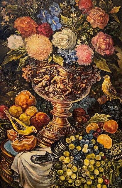 Oil painting of ornate golden vase with colorful flowers by Litvinov