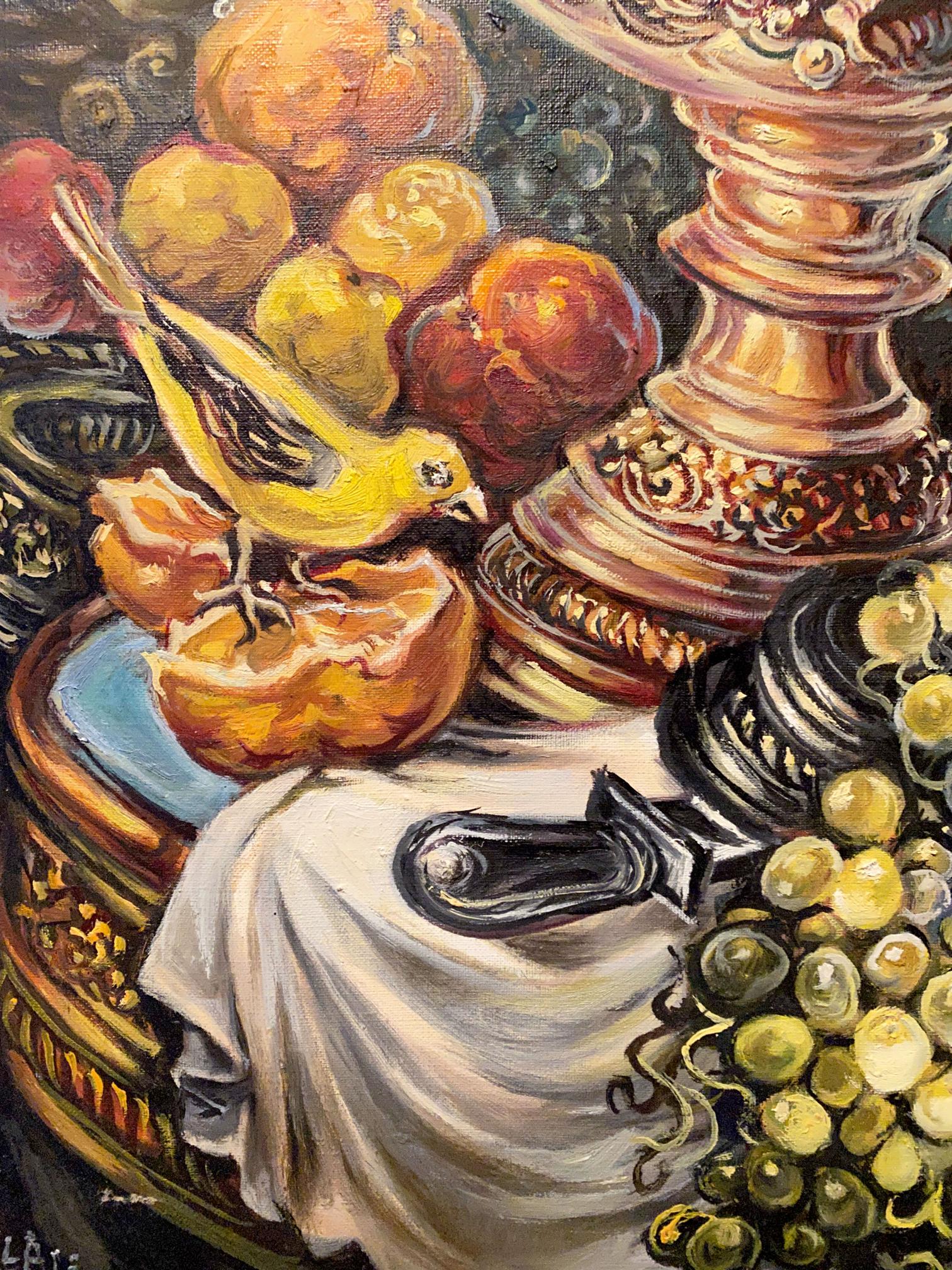 Oil painting by Alexander Arkadievich Litvinov: yellow bird on halved orange