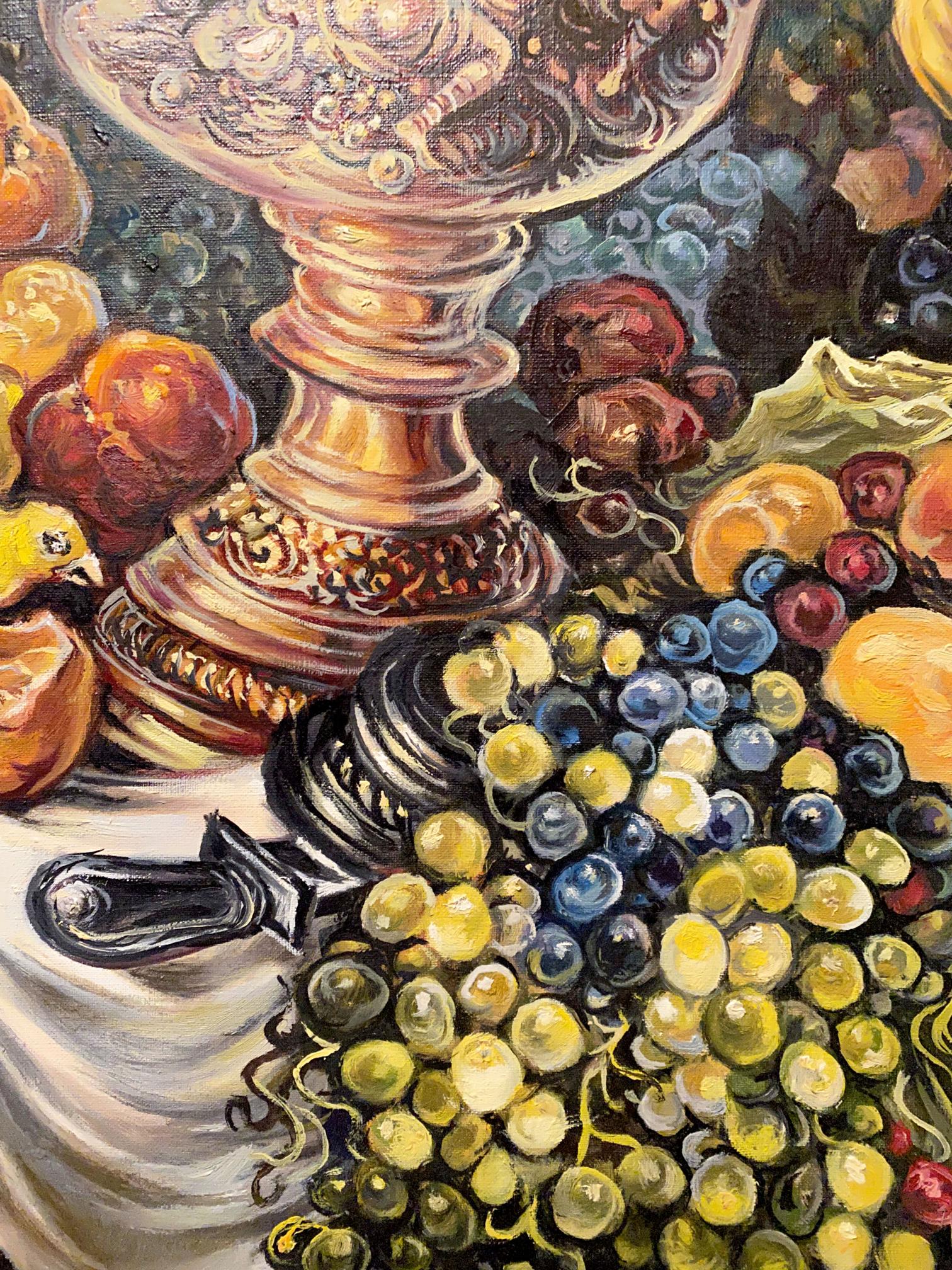 Golden ornate pedestal bowl in Litvinov oil painting still life
