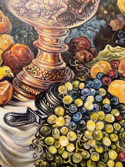Golden ornate pedestal bowl in Litvinov oil painting still life