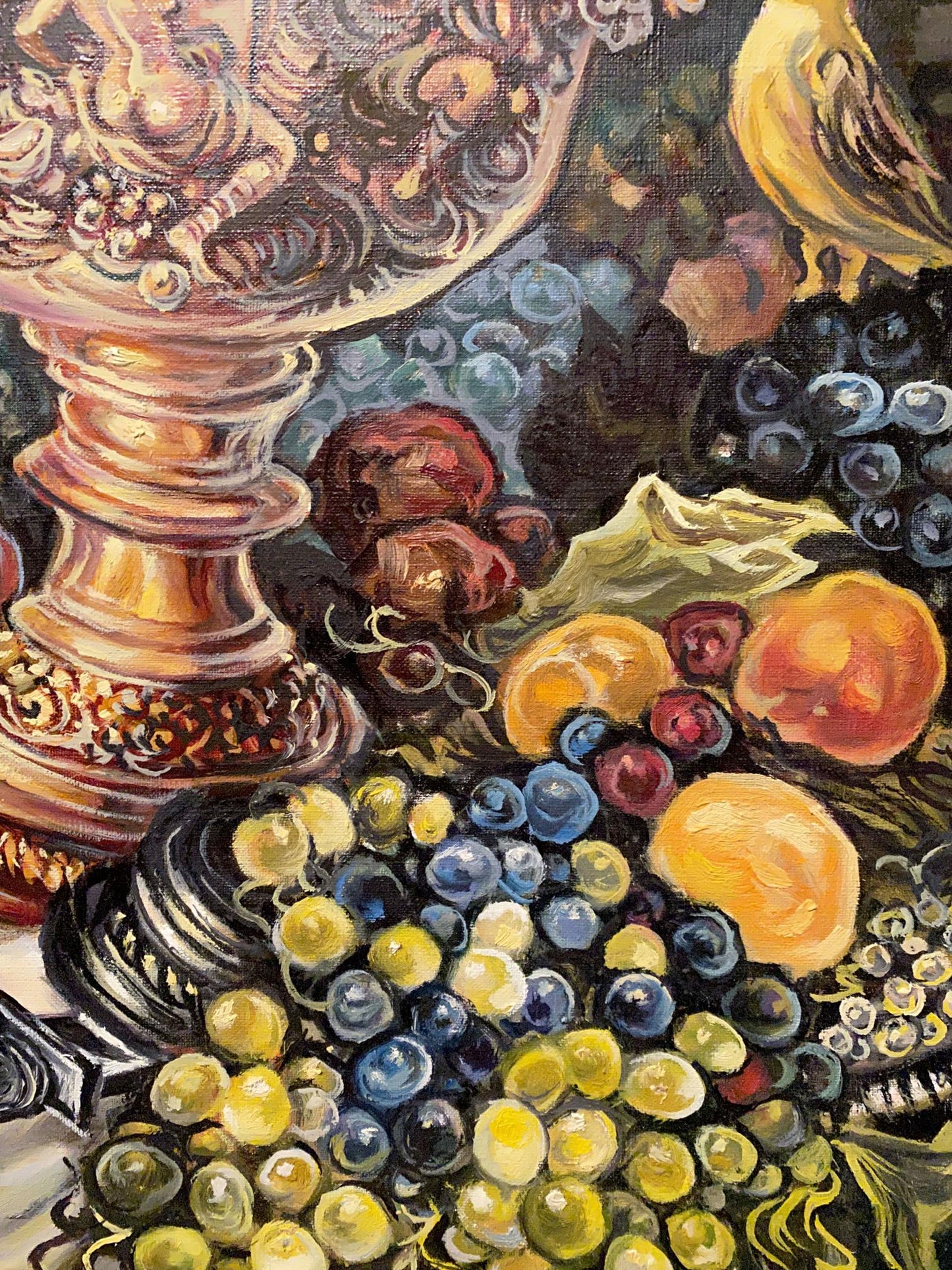 Golden ornate pedestal bowl in Litvinov oil painting still life