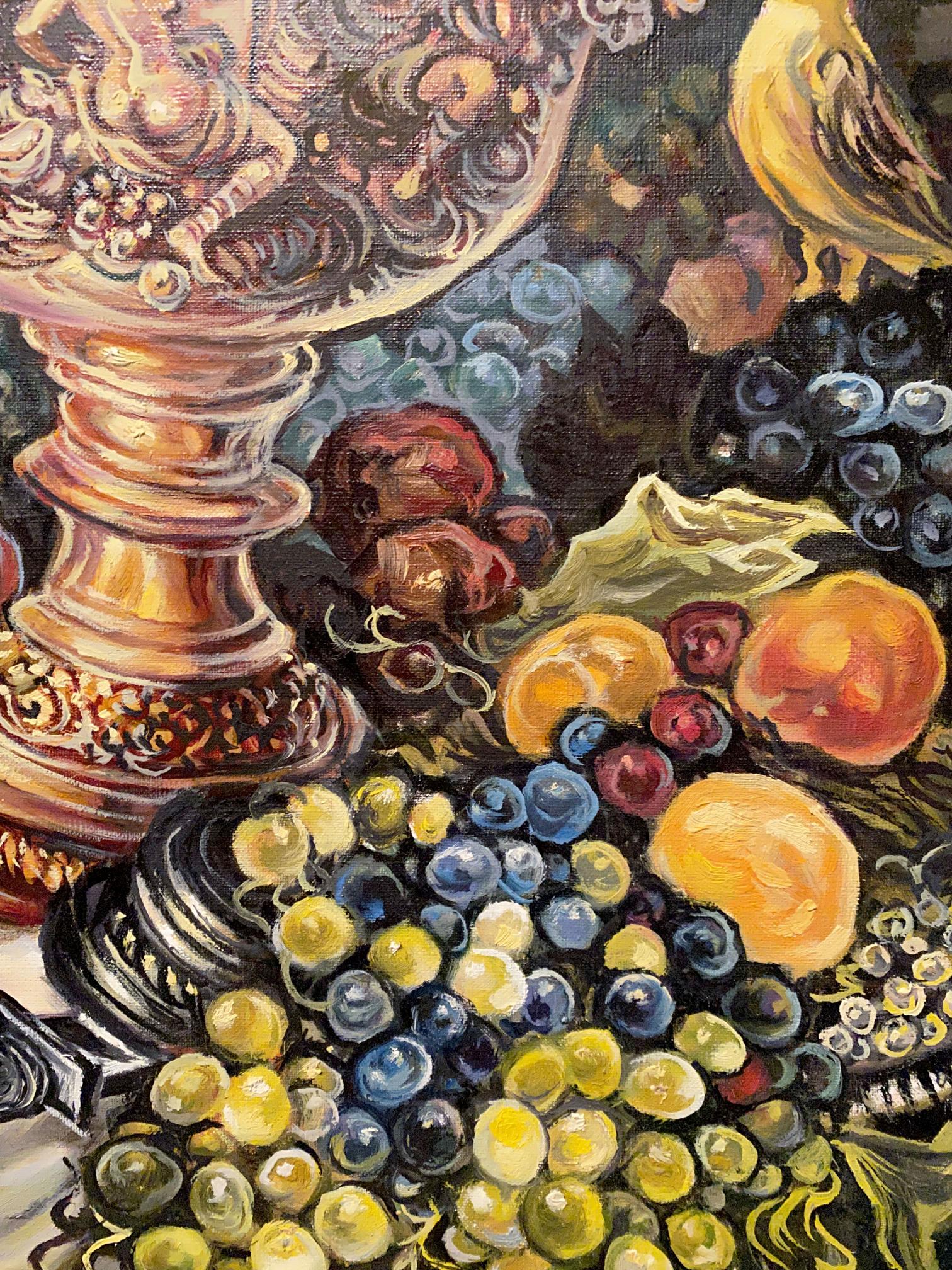 Golden ornate pedestal bowl in Litvinov oil painting still life
