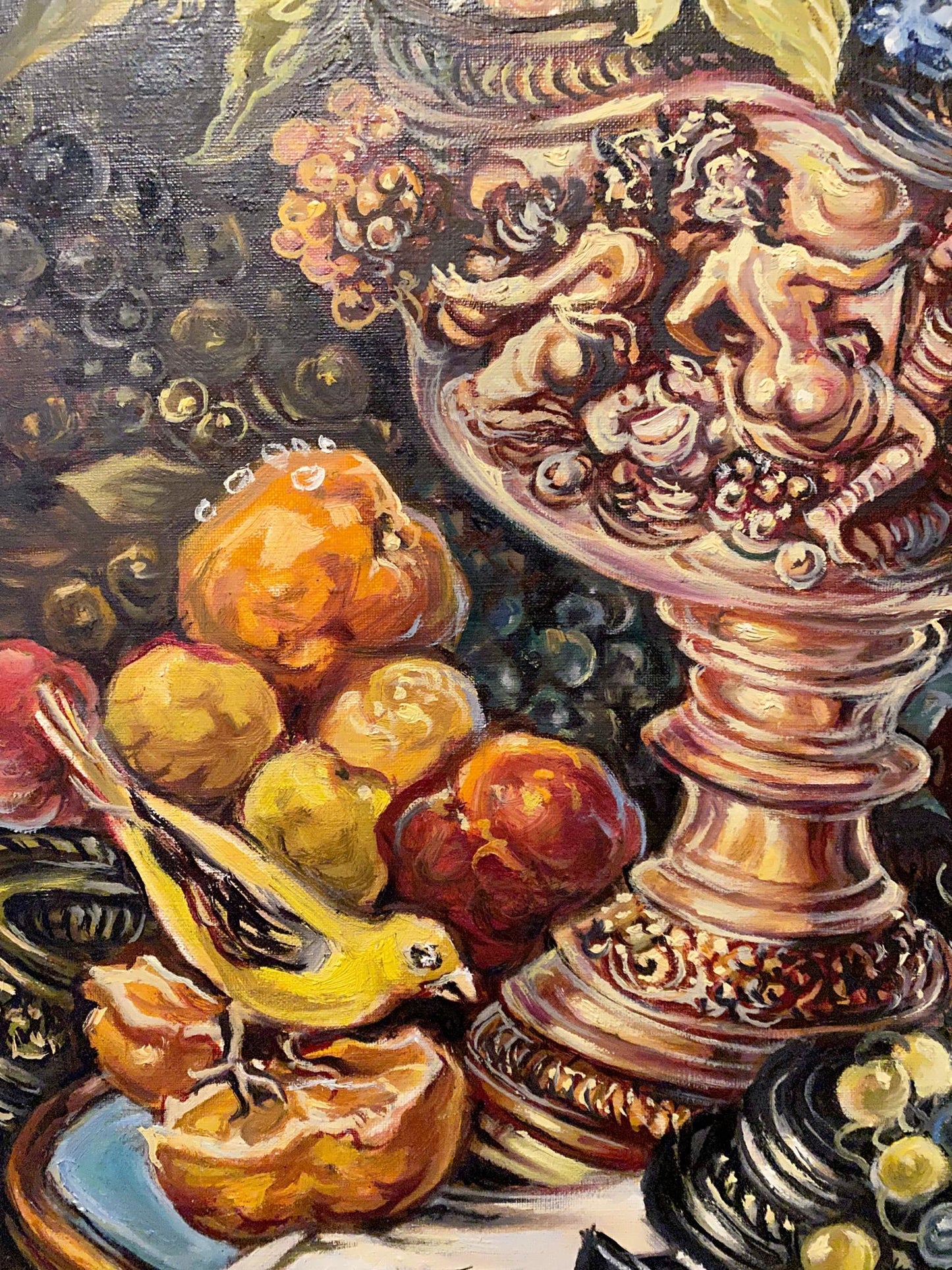 Oil painting Still life by Alexander Arkadievich Litvinov with ornate gold urn