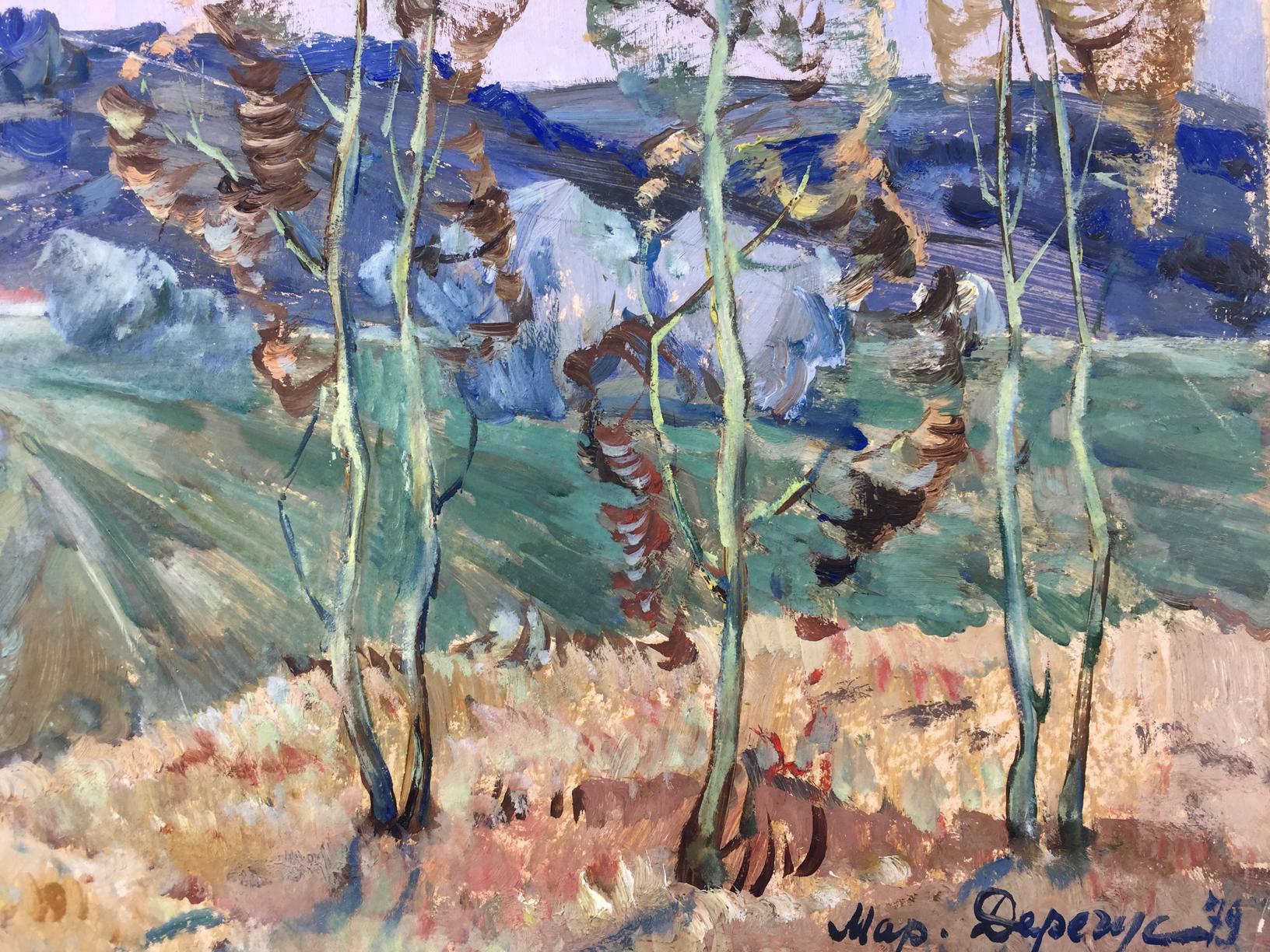 Oil painting Spring Deregus Marina Mikhailovna with slender greenish-brown trees