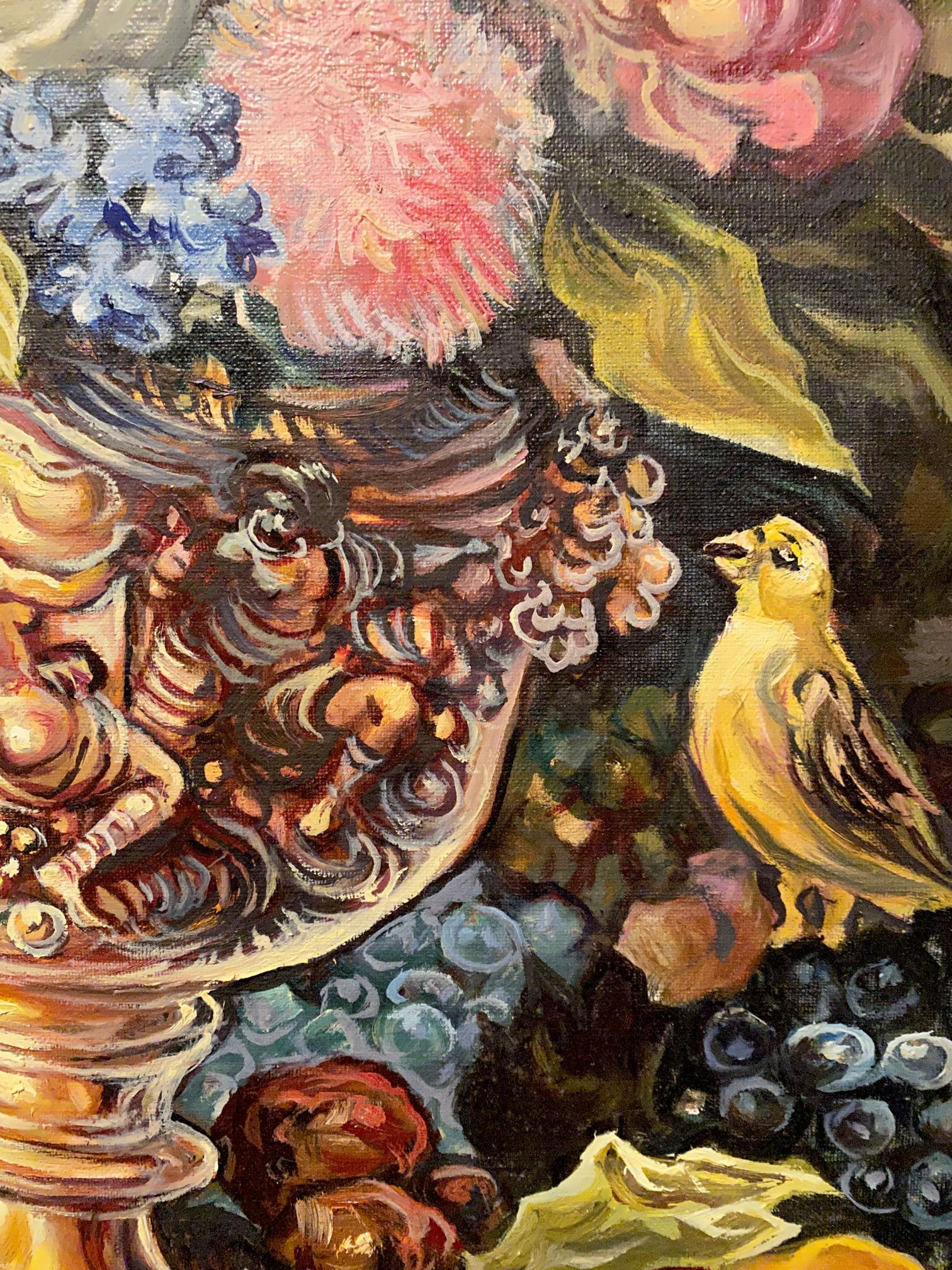 Oil painting by Alexander Arkadievich Litvinov: yellow bird with flowers, fruit