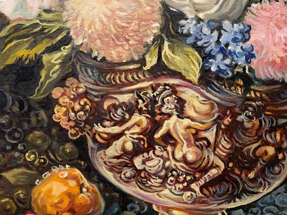 Oil painting of ornate gilded bowl with cherubs by Litvinov