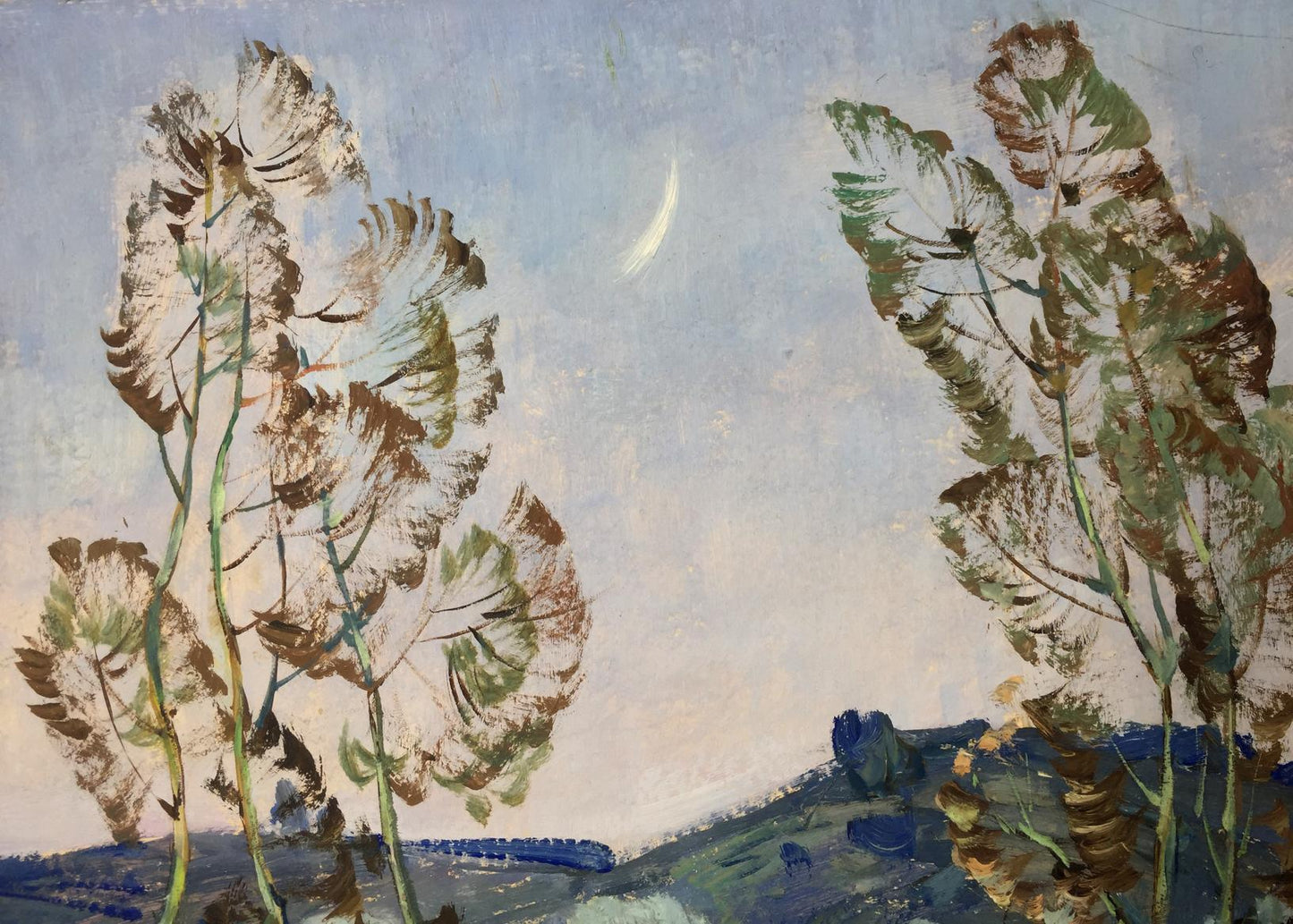 Oil painting Spring Deregus by Marina Mikhailovna with slender plants and crescent moon