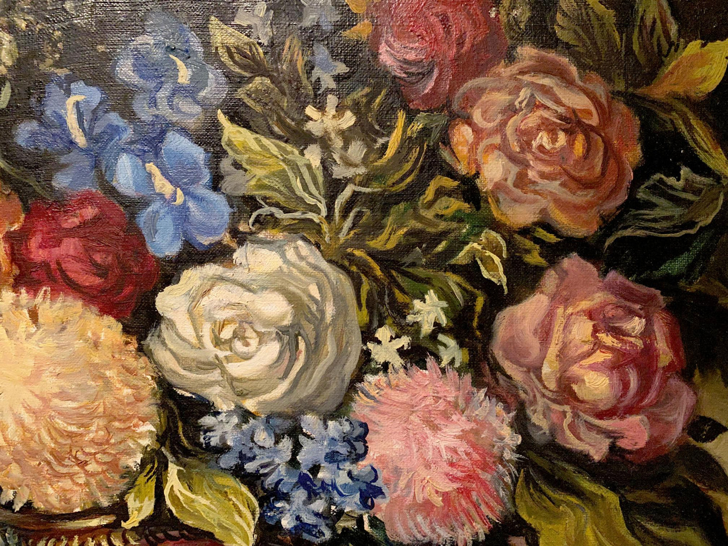 Vibrant oil painting still life of roses and hydrangeas by Litvinov