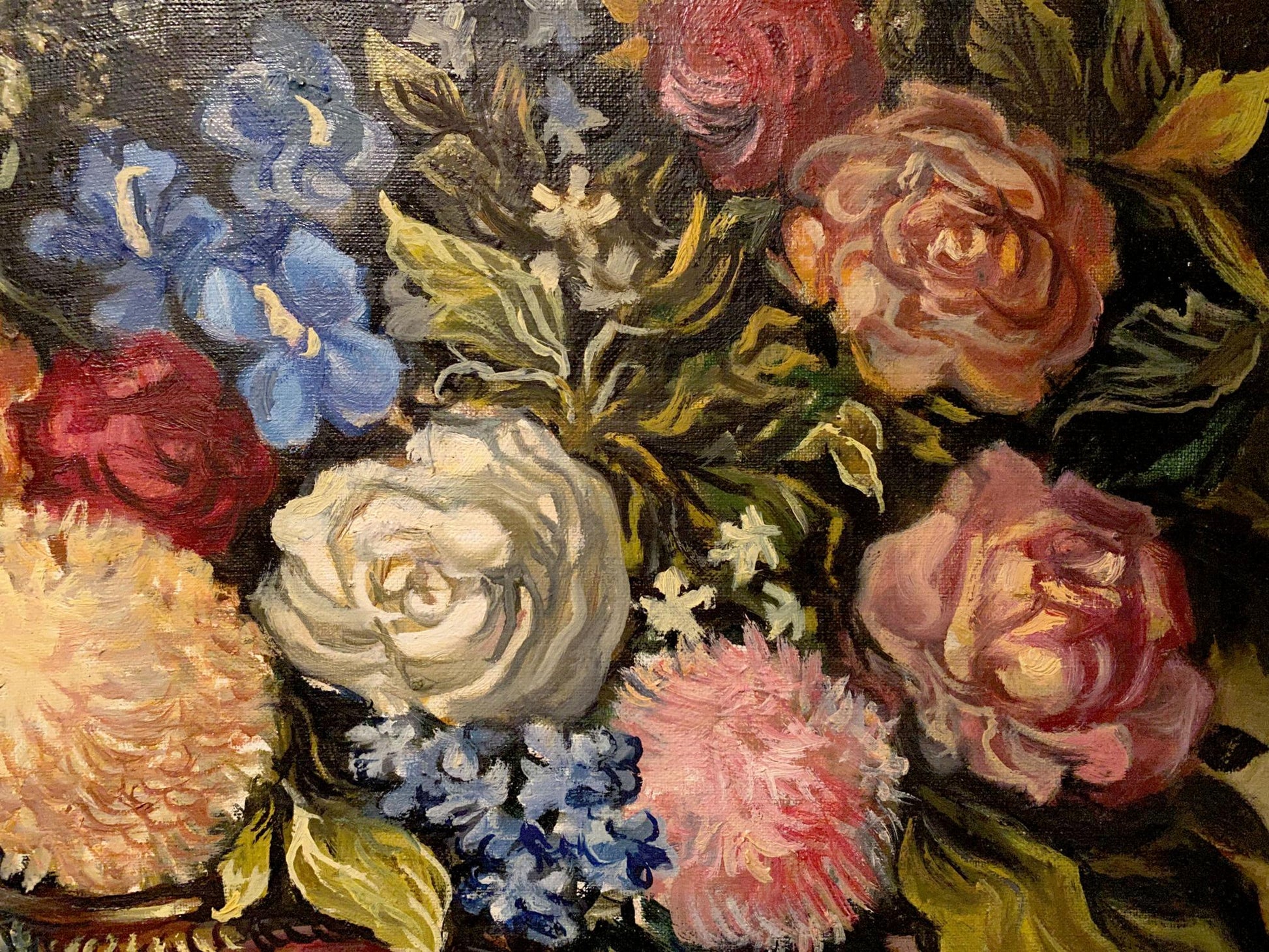 Vibrant oil painting still life of roses and hydrangeas by Litvinov