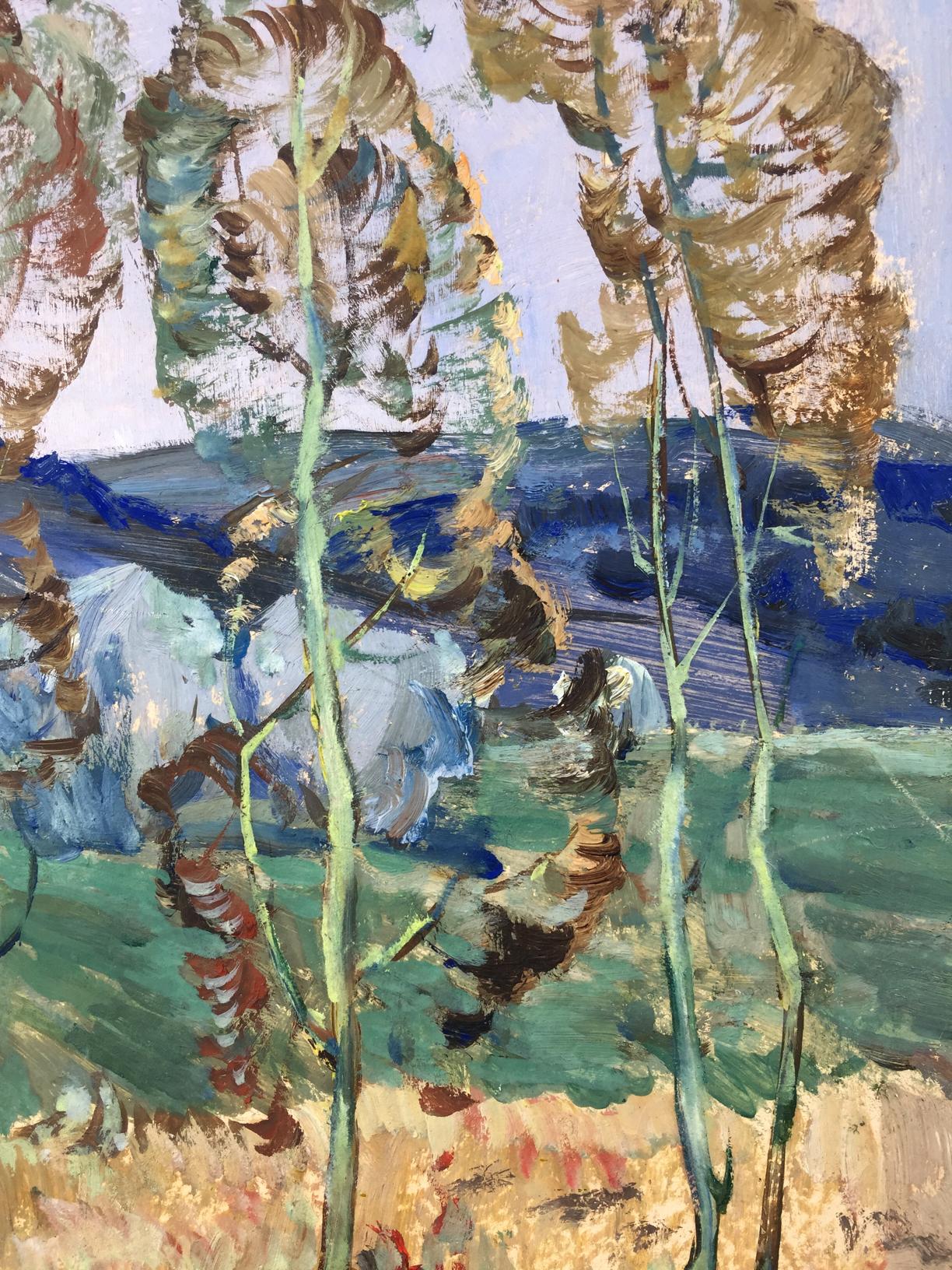 Oil painting Spring Deregus by Marina Mikhailovna: green brown stalks blue hills
