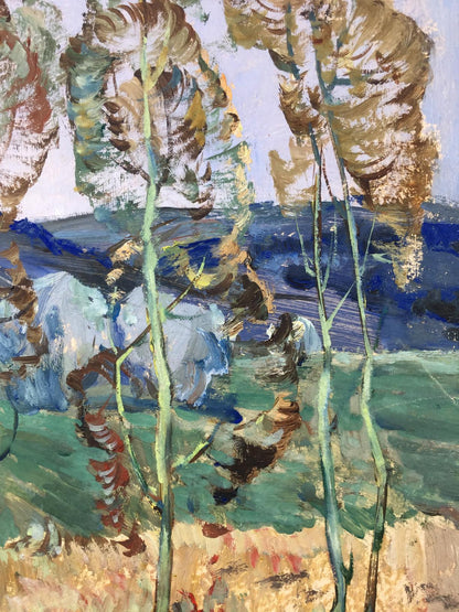 Oil painting Spring Deregus by Marina Mikhailovna: green brown stalks blue hills