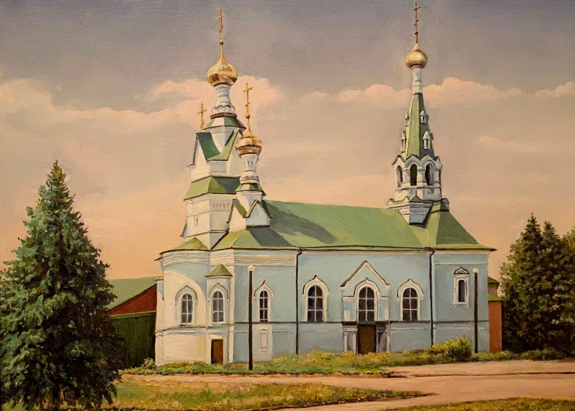 Oil painting of light blue Orthodox church with green roofs and golden domes by Litvinov Arkady Petrovich