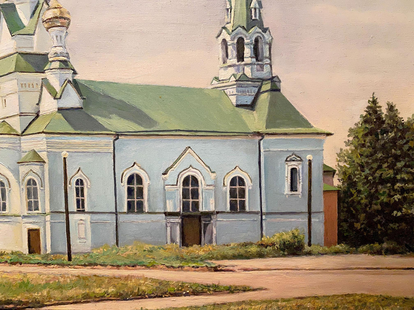 Oil painting of serene light blue Fraternal church by Litvinov Arkady Petrovich