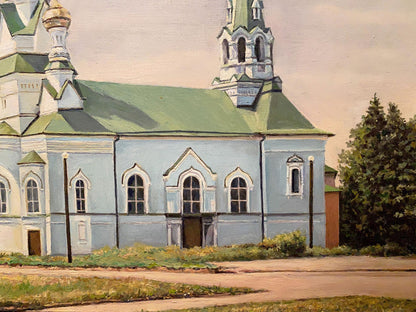 Oil painting of serene light blue Fraternal church by Litvinov Arkady Petrovich