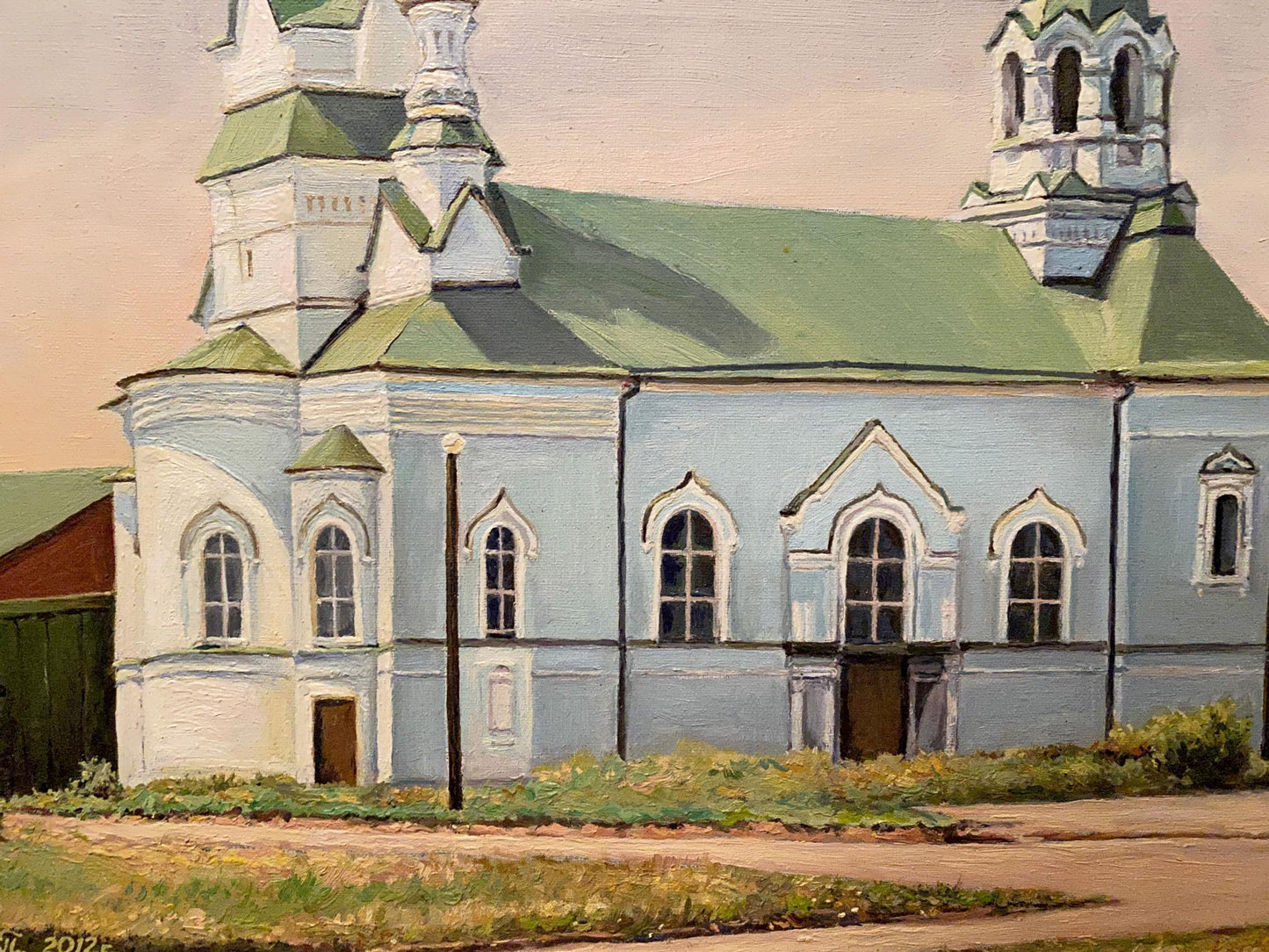 Oil painting of light blue Fraternal church by Litvinov Arkady Petrovich