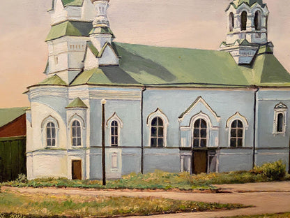 Oil painting of light blue Fraternal church by Litvinov Arkady Petrovich