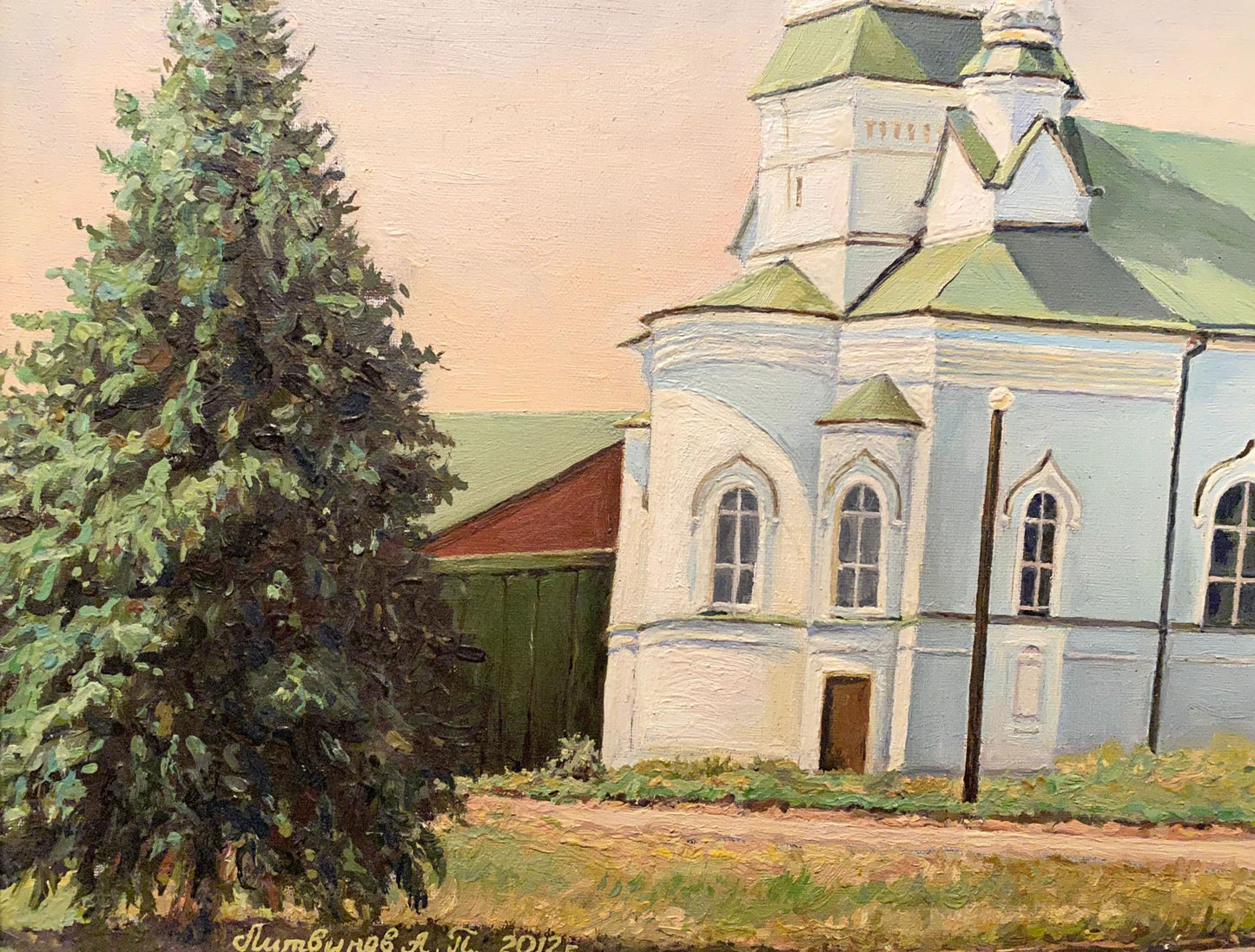 Oil painting of light blue Fraternal church by Litvinov Arkady Petrovich