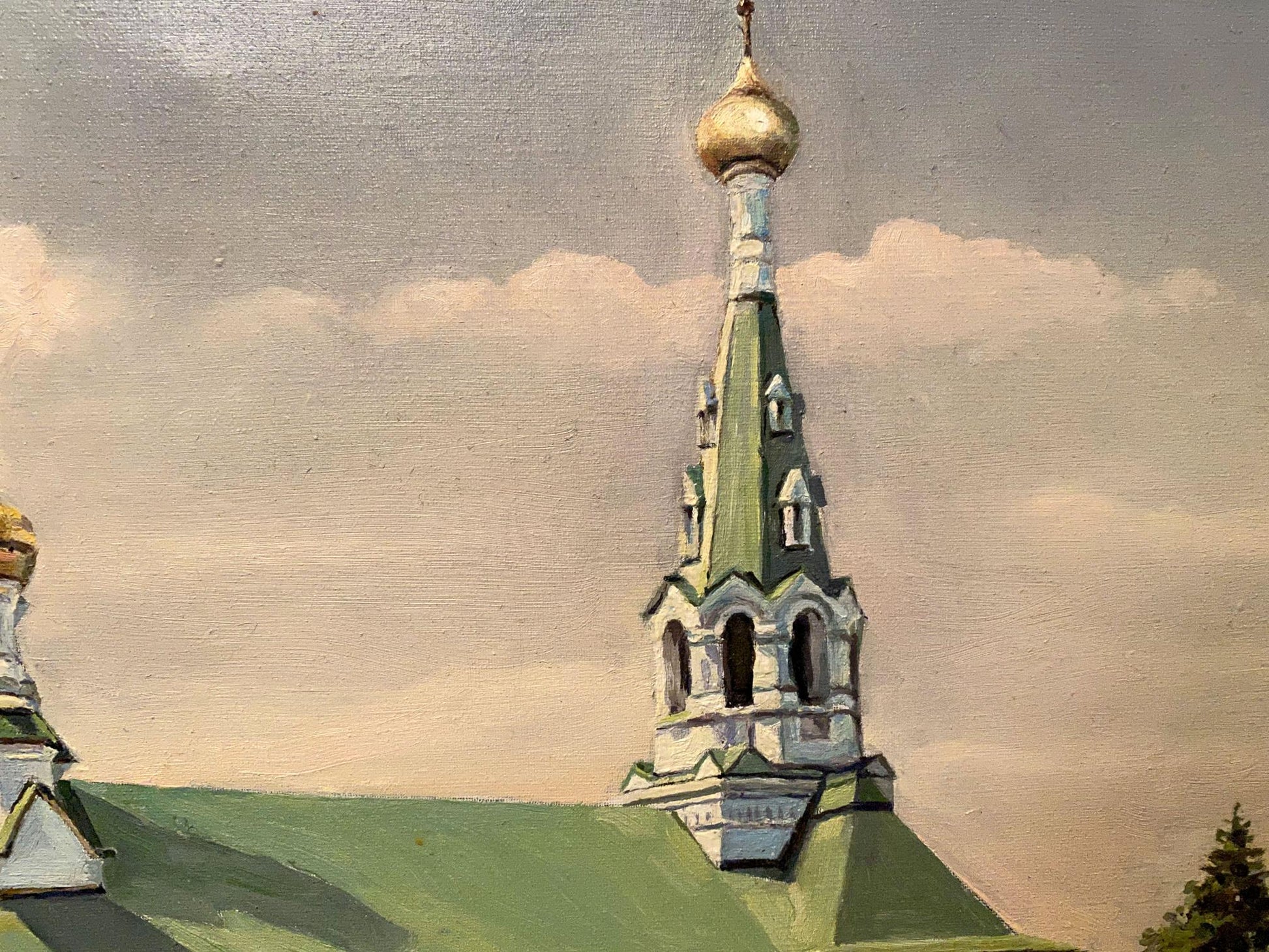 Golden onion dome atop green and white spire in Litvinov oil painting