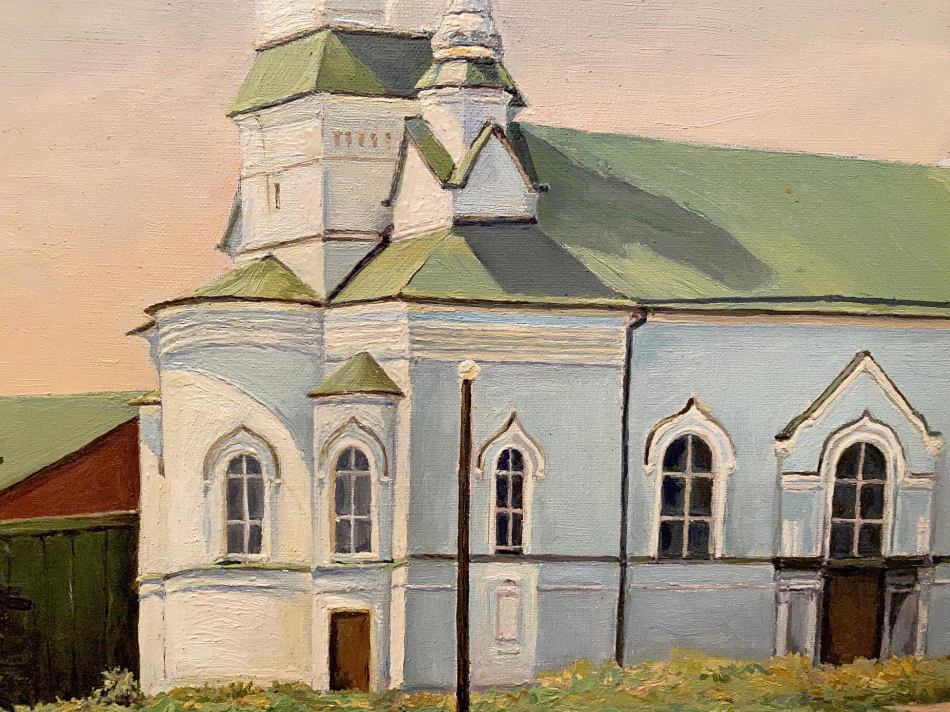 Oil painting of light blue Fraternal church by Litvinov Arkady Petrovich
