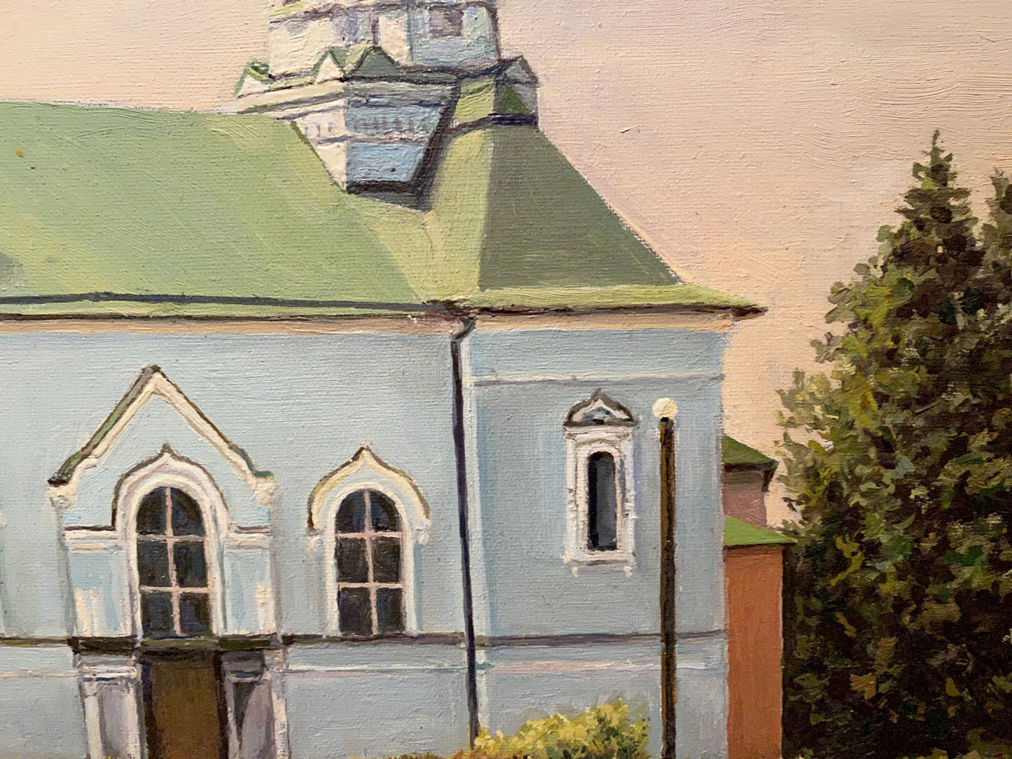 Oil painting of light blue Fraternal church by Litvinov Arkady Petrovich