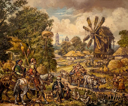 Oil painting of wooden windmill with thatched roof by Litvinov