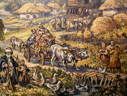 Oil painting by Alexander Arkadievich Litvinov: rustic cart with oxen on village path