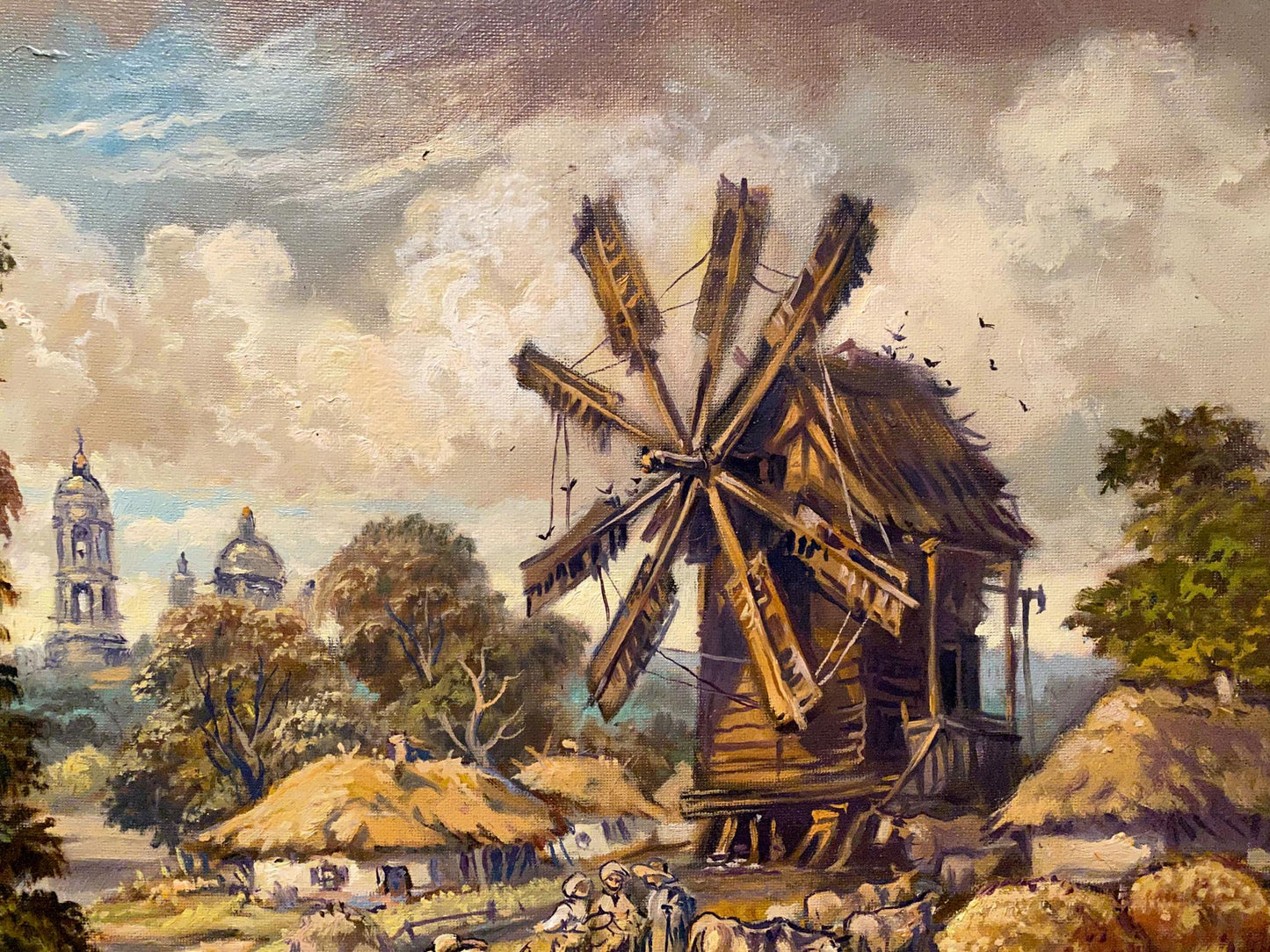 Oil painting of rustic wooden windmill by Litvinov in countryside