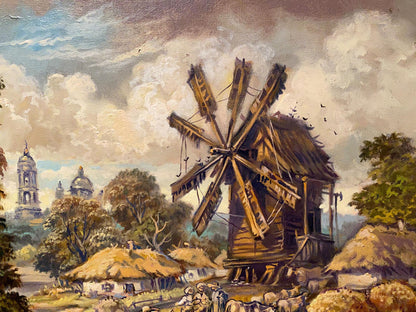 Oil painting of rustic wooden windmill by Litvinov in countryside