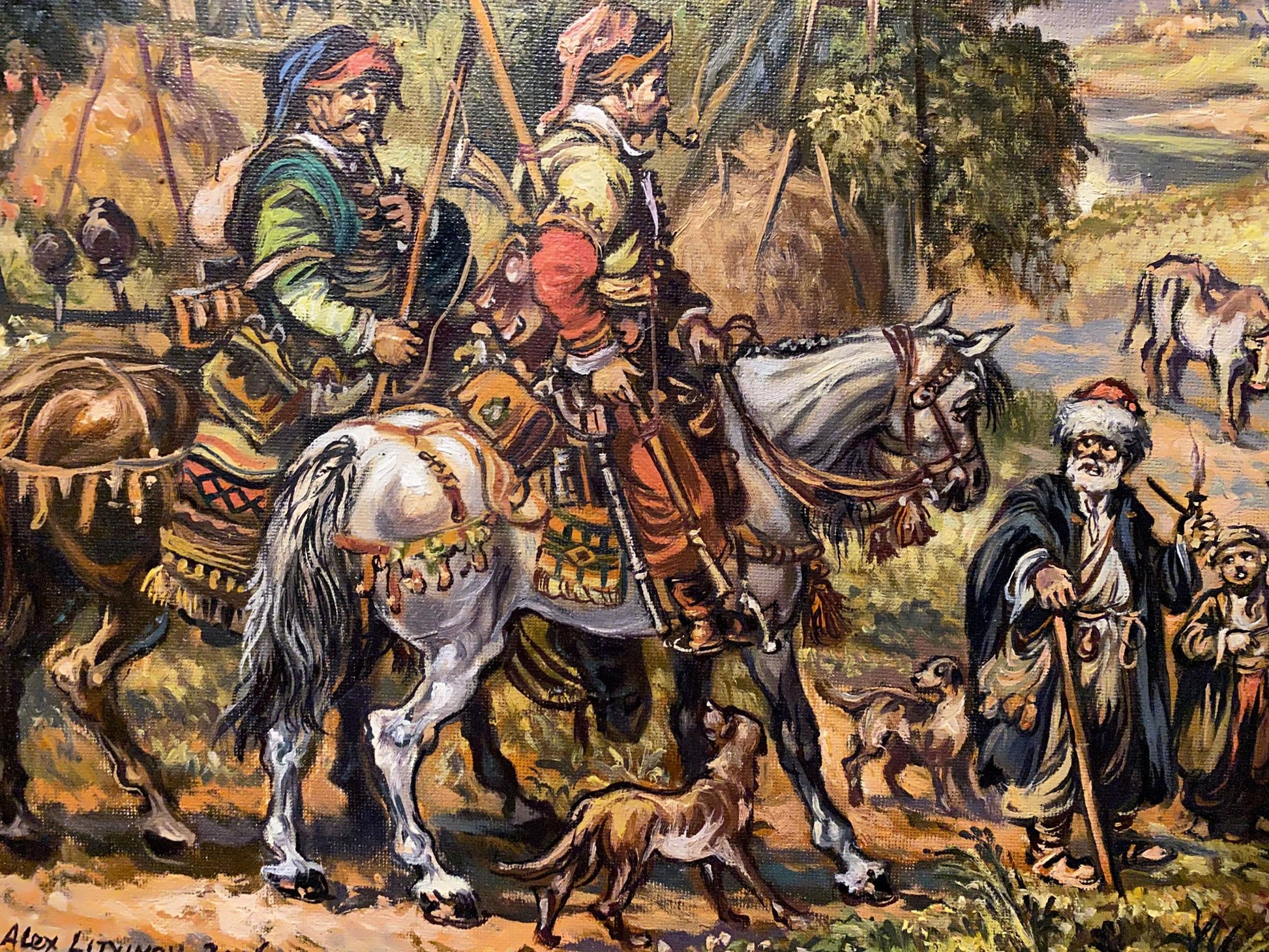 Oil painting by Litvinov: mounted men in ornate attire on decorated horses