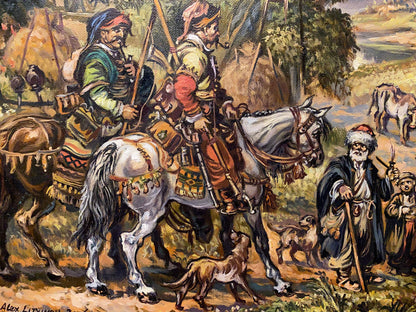 Oil painting by Litvinov: mounted men in ornate attire on decorated horses
