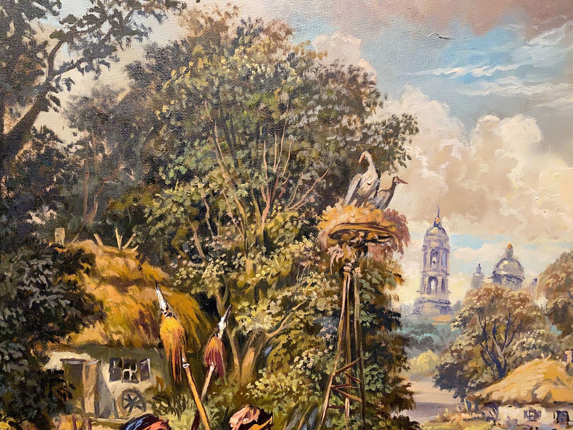 Rustic oil painting by Litvinov: village outskirts with trees, cottages, towers