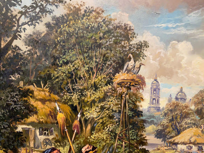 Rustic oil painting by Litvinov: village outskirts with trees, cottages, towers