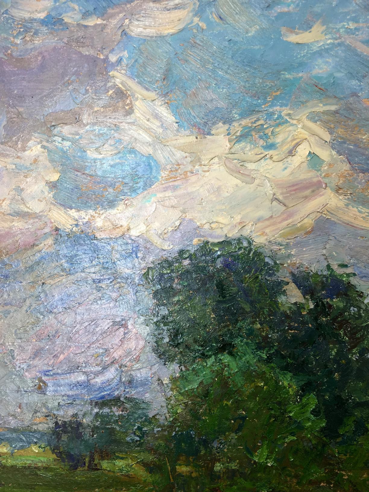 Oil painting After the Rain on the Field by Sevastyanov Viktor Grigoryevich with swirling sky above lush trees
