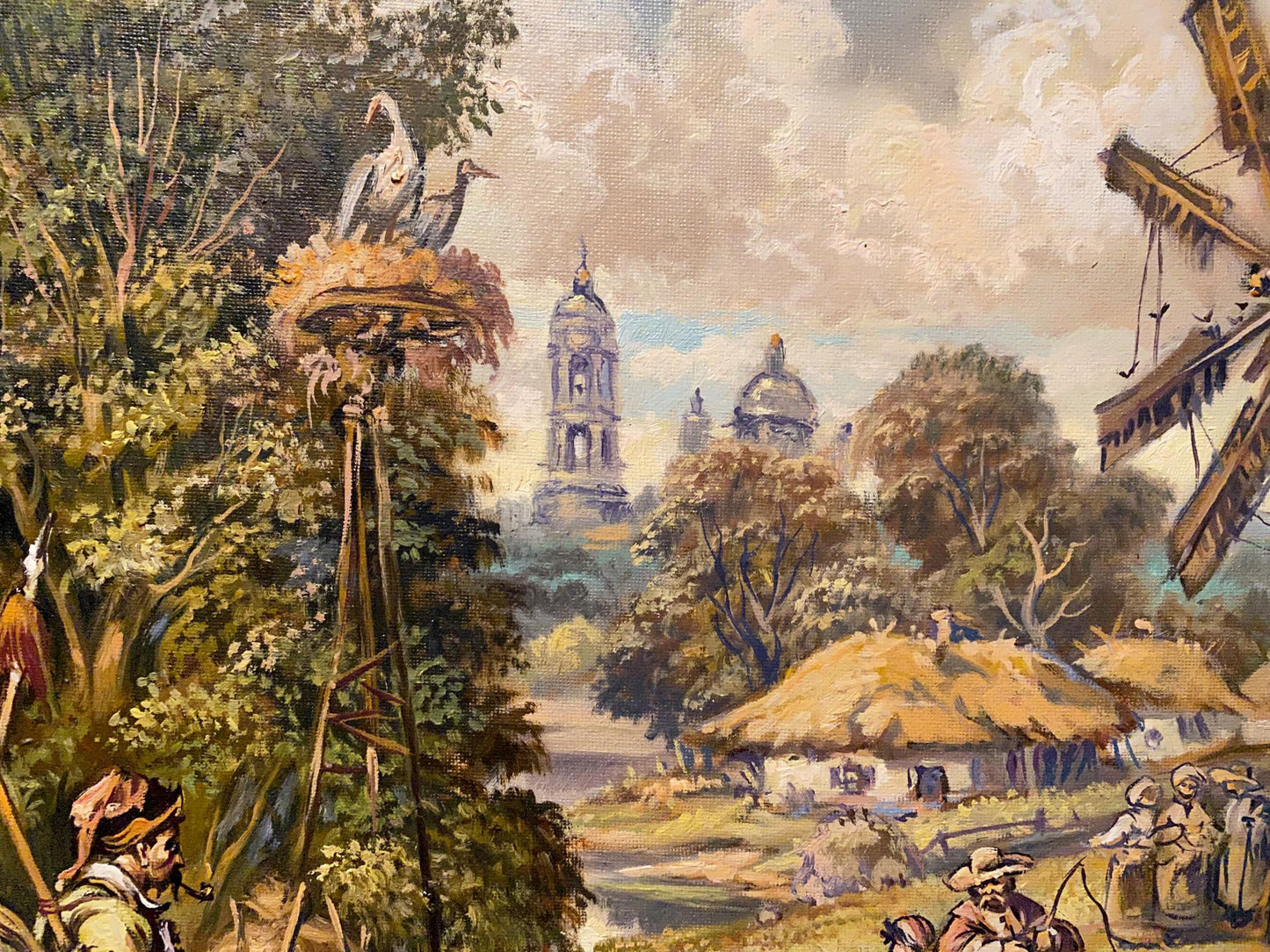 Vintage oil painting by Litvinov: village outskirts with trees, cottages, towers