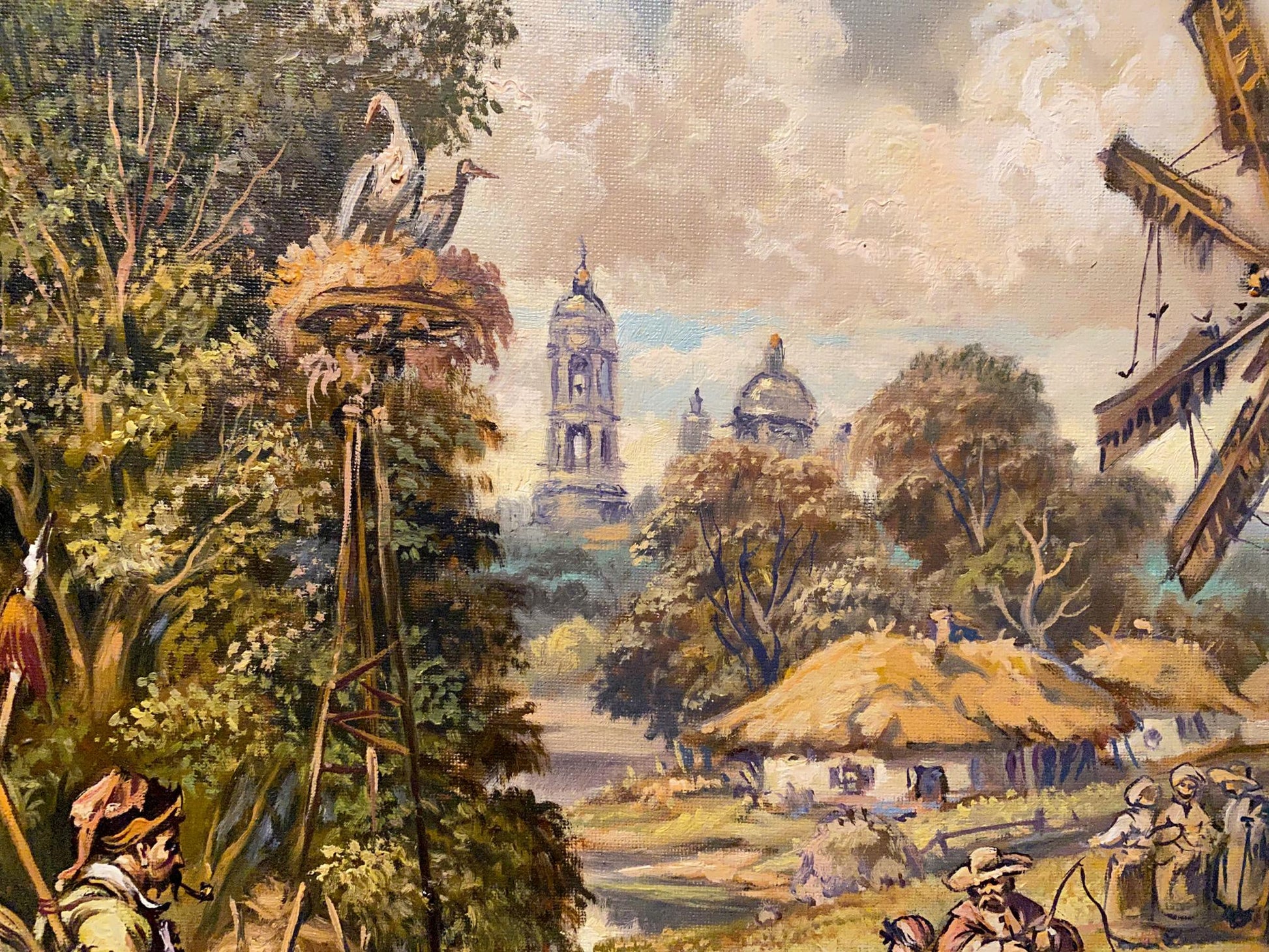 Vintage oil painting by Litvinov: village outskirts with trees, cottages, towers