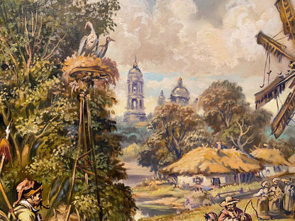 Vintage oil painting by Litvinov: village outskirts with trees, cottages, towers