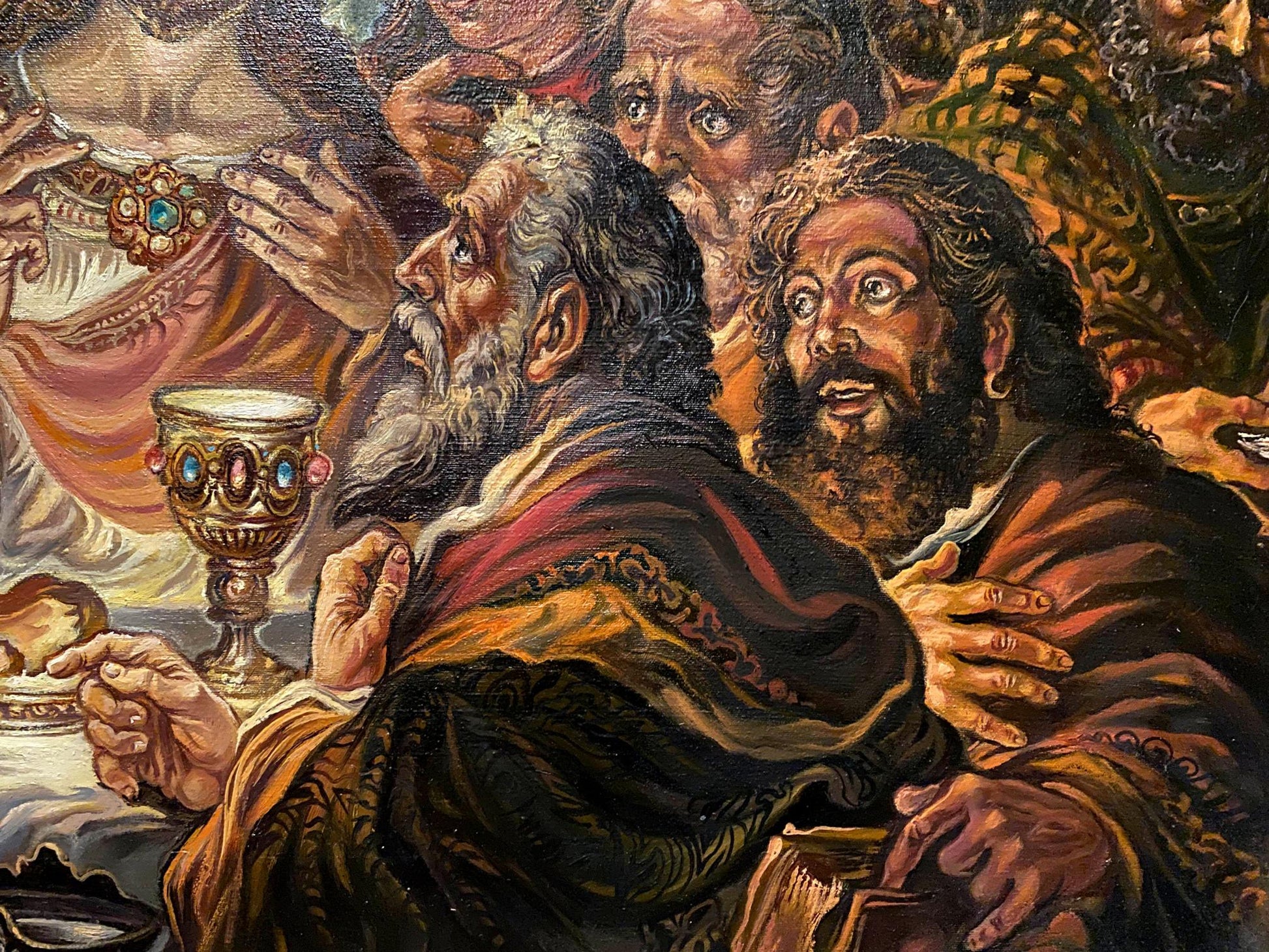 Oil painting by Participle Alexander Arkadievich Litvinov: gilded chalice with gemstone inlays on pedestal