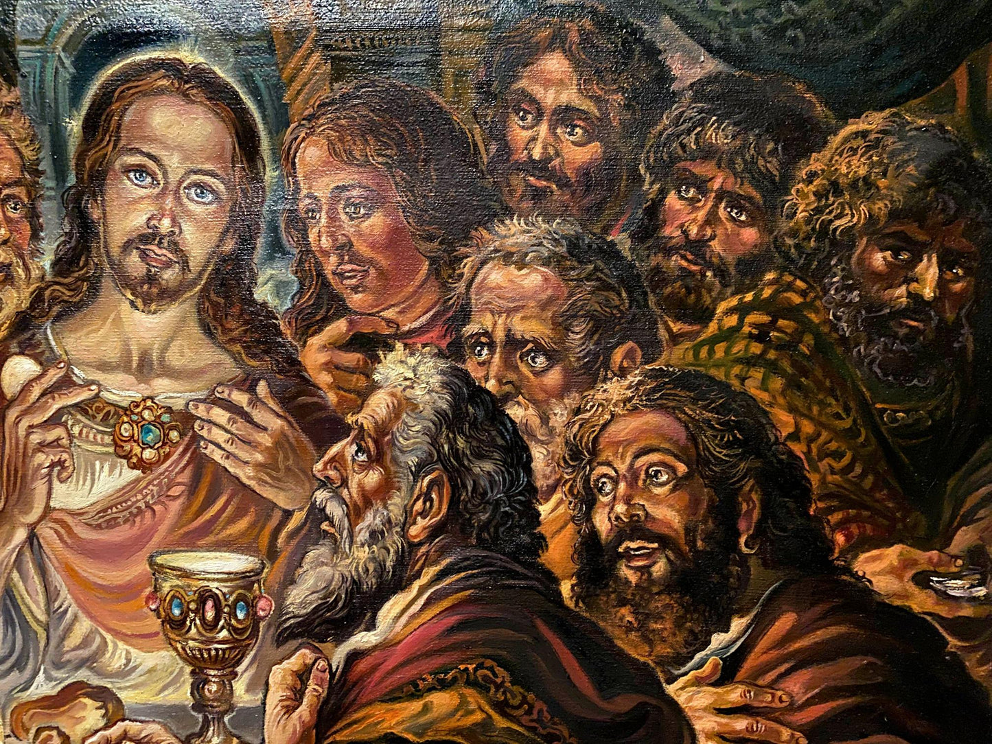 Oil painting by Participle Alexander Arkadievich Litvinov of robed figure with chalice