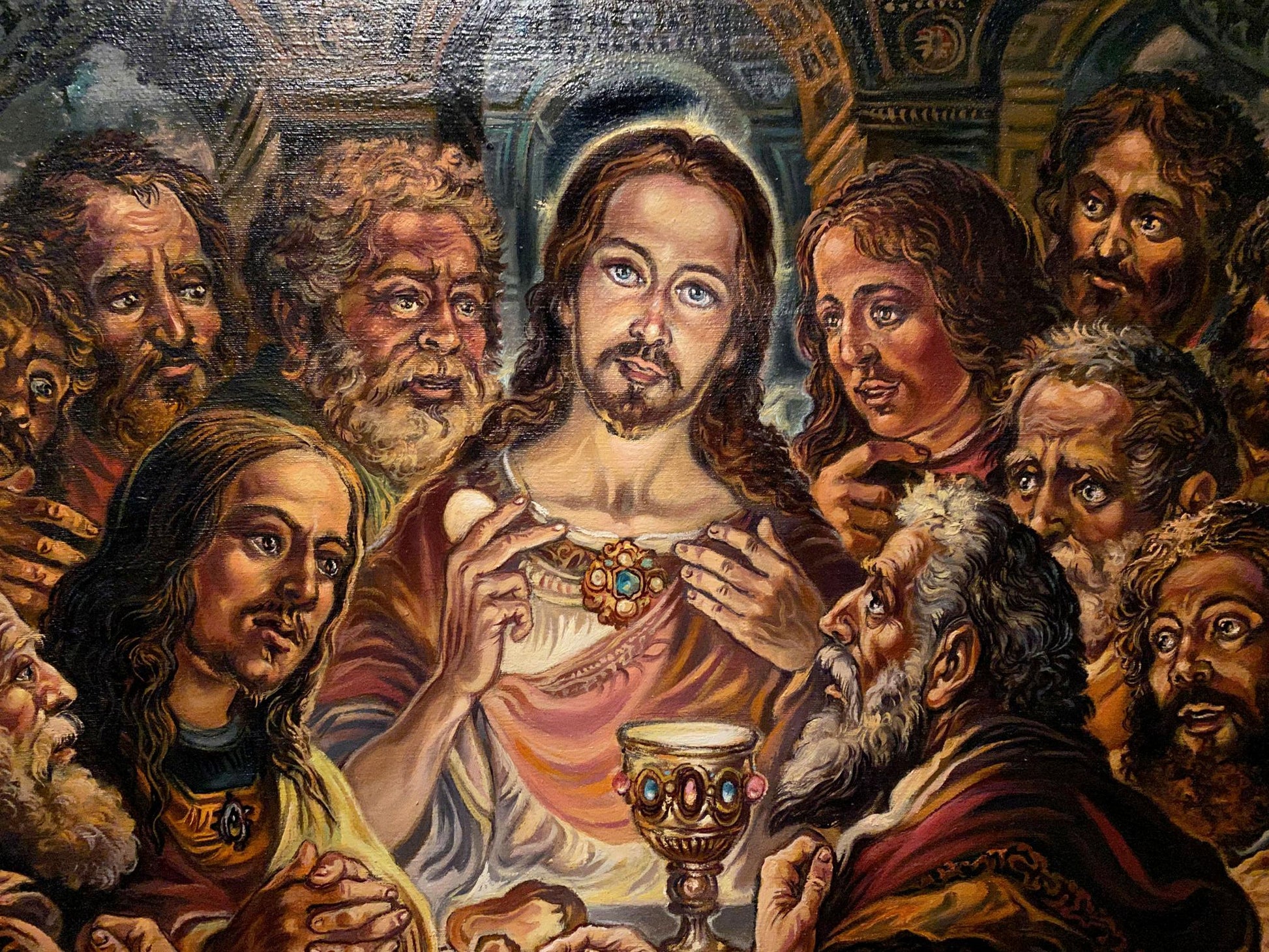Oil painting of gold chalice with ornate details and gemstones by Litvinov