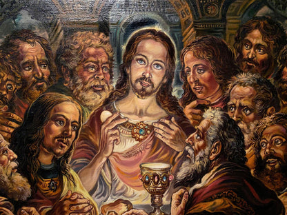 Oil painting of gold chalice with ornate details and gemstones by Litvinov