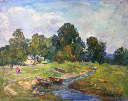 Oil painting Warm summer by M.y Grigory Semenovich: lush trees, stream, boats