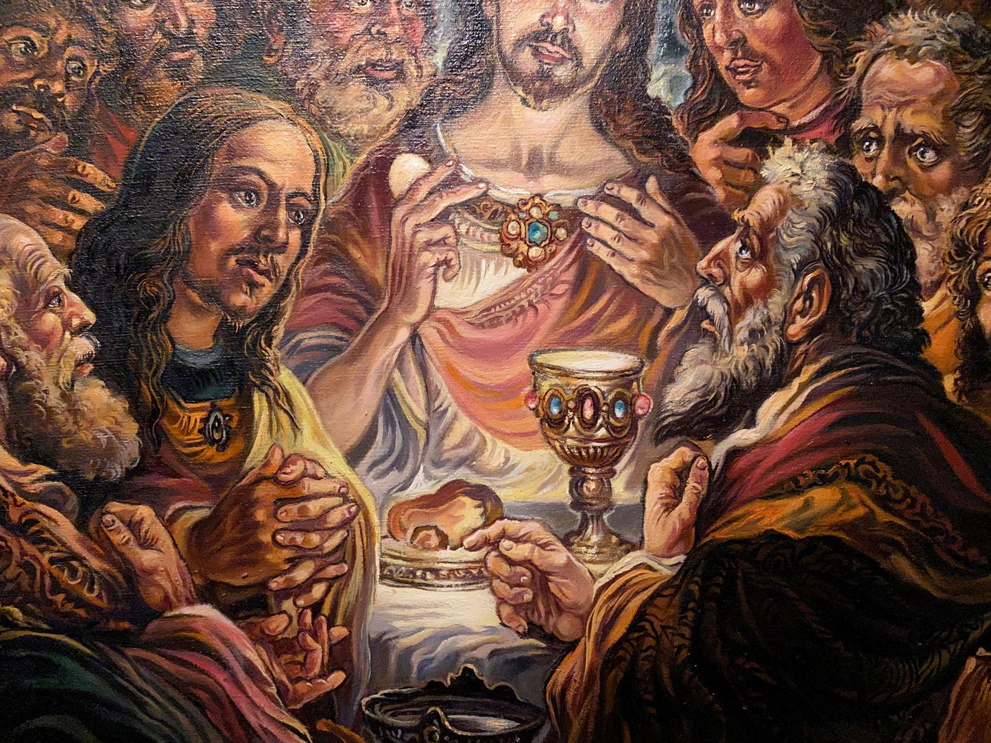 Oil painting of gold chalice with blue and red gemstones by Litvinov