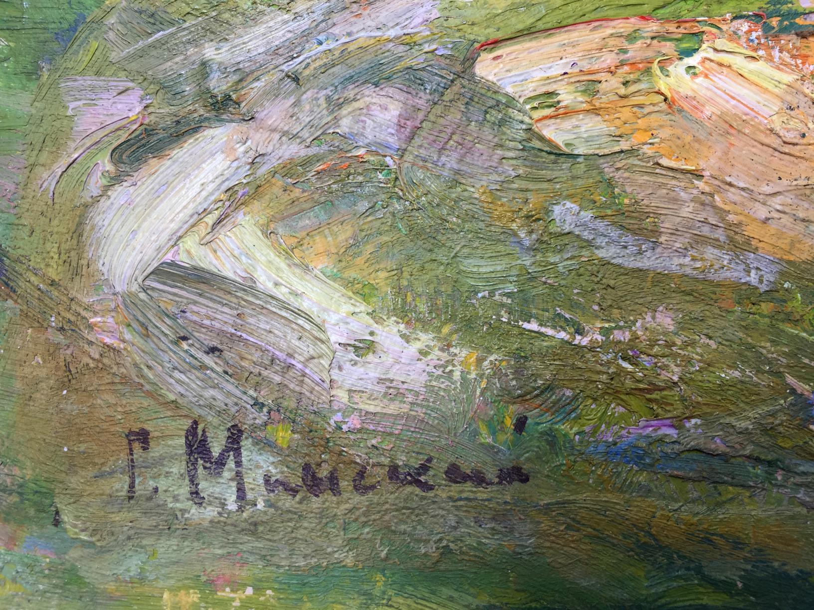 Oil painting Warm summer by M.y Grigory Semenovich, green beige white textures