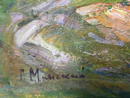 Oil painting Warm summer by M.y Grigory Semenovich, green beige white textures