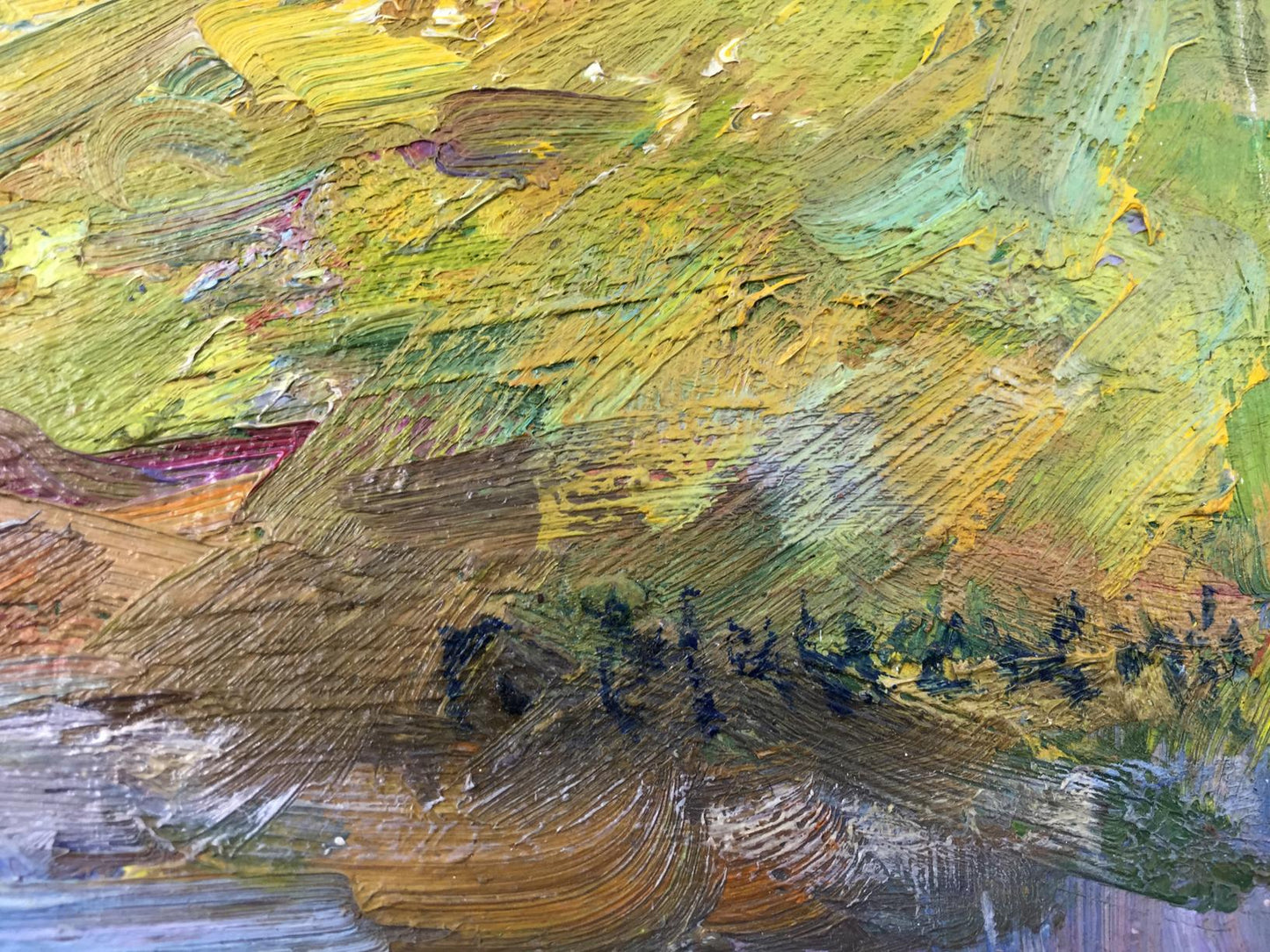 Oil painting Warm summer by M.y Grigory Semenovich, textured yellow green brown strokes