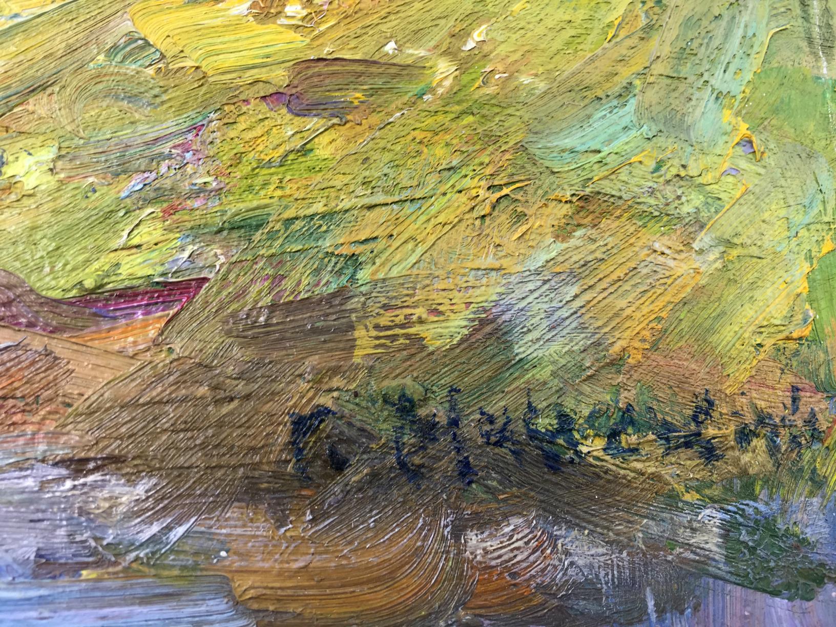 Oil painting Warm summer by M.y Grigory Semenovich, textured yellow green brown strokes